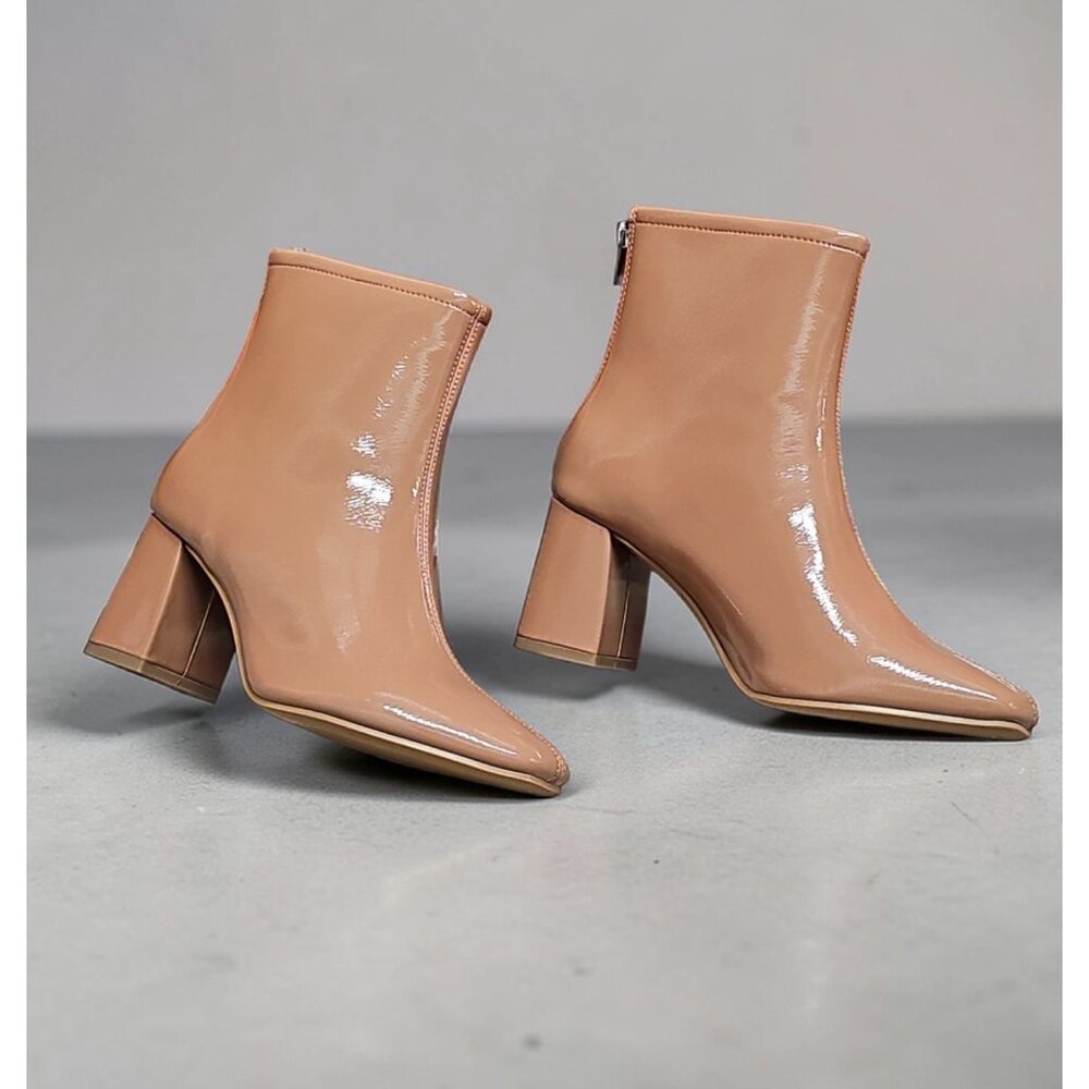 Camel Patent Leather Square Toe Block Heel Ankle Boots With Back Zipper Closure